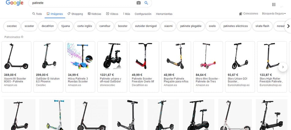 resultados para la busqueda patinetes con Google Imagenes