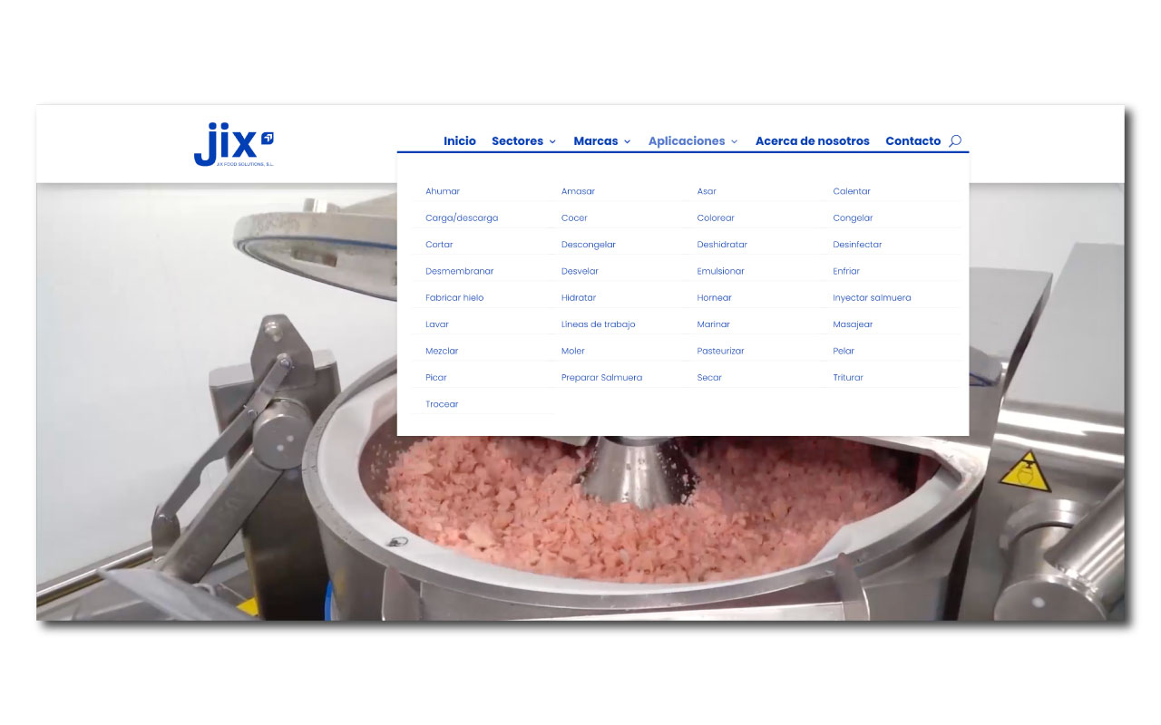 Filtros por aplicación (ahumar, congelar, cortar) en la web de JIX